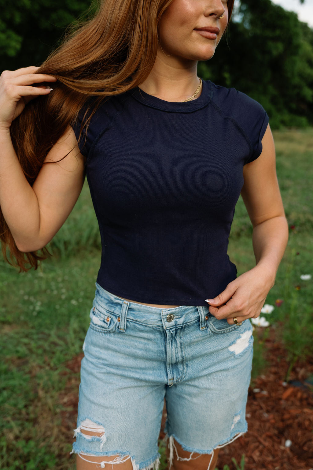 Navy Ribbed Fitted Top